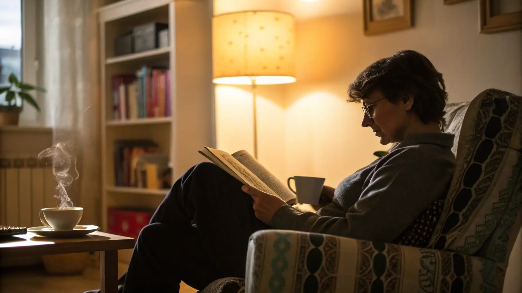 A cozy living room with a person sitting on a sofa reading a book, warm lighting, and a cup of coffee on the table.